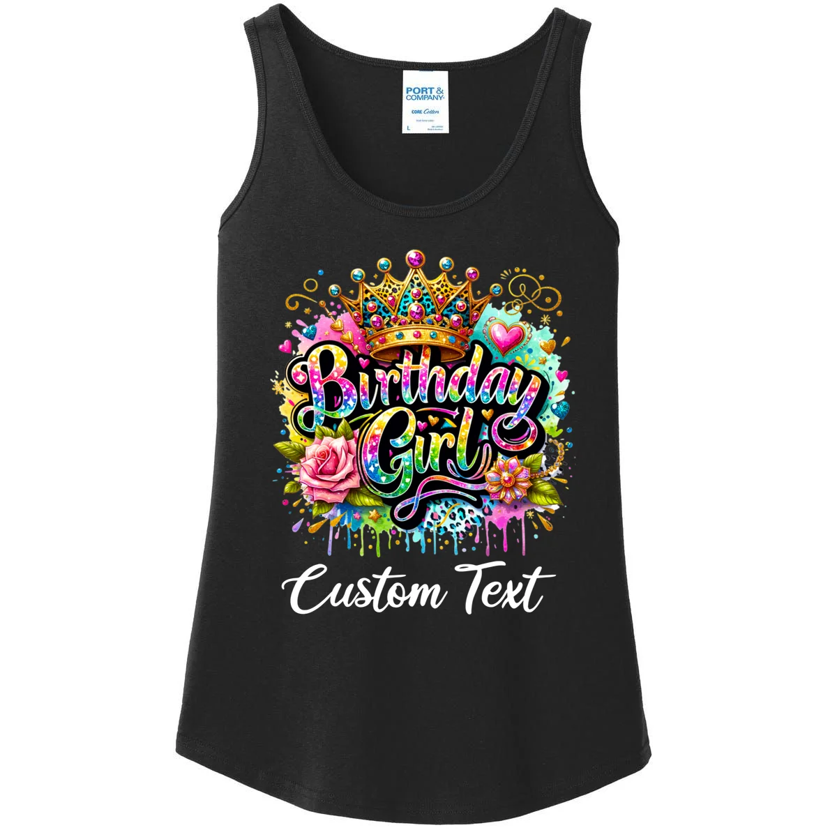 Birthday Girl Crown Heart Splash Custom Text Personalized Birthday Women's Tank Top - Front