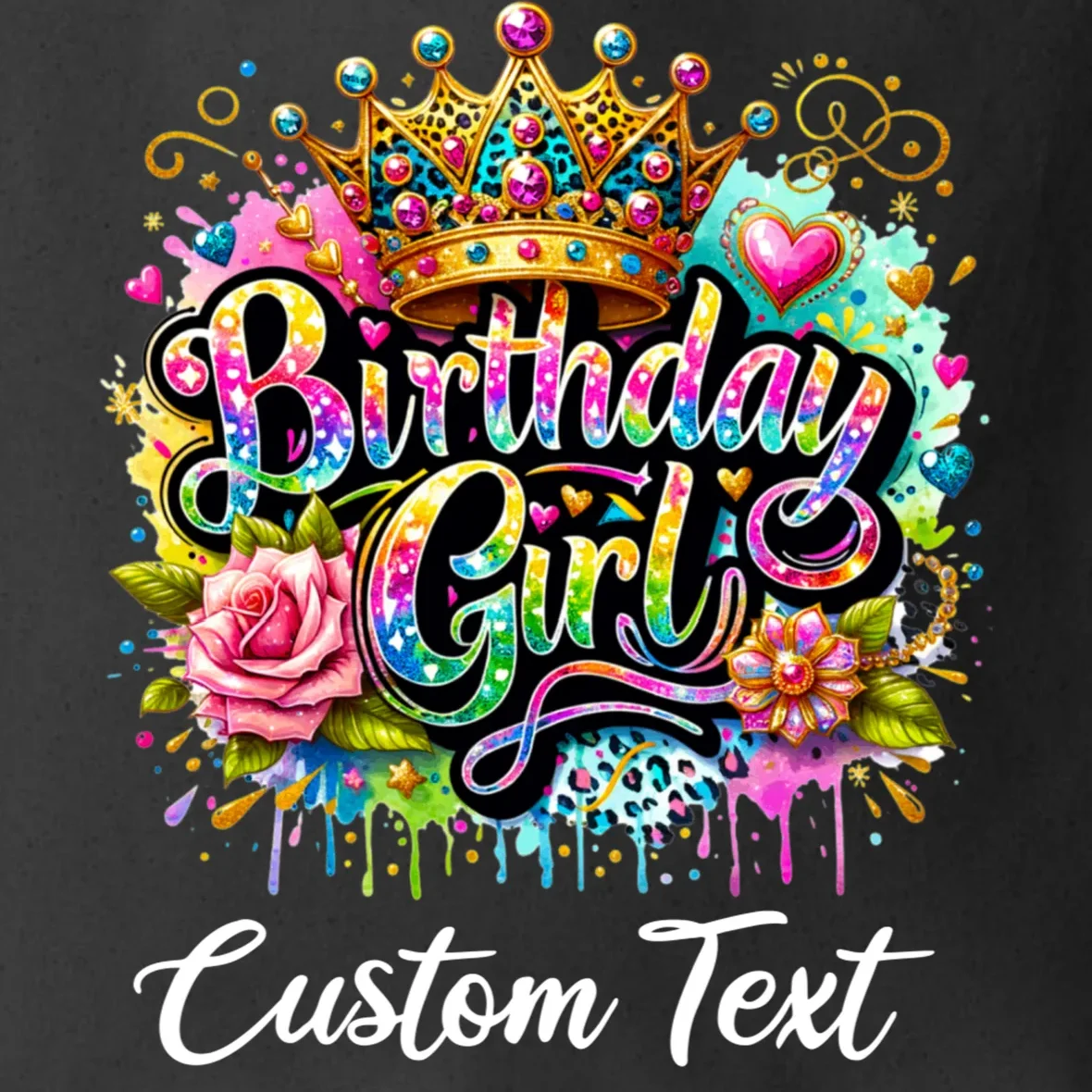 Birthday Girl Crown Heart Splash Custom Text Personalized Birthday Tote Bag - Front - Close-up