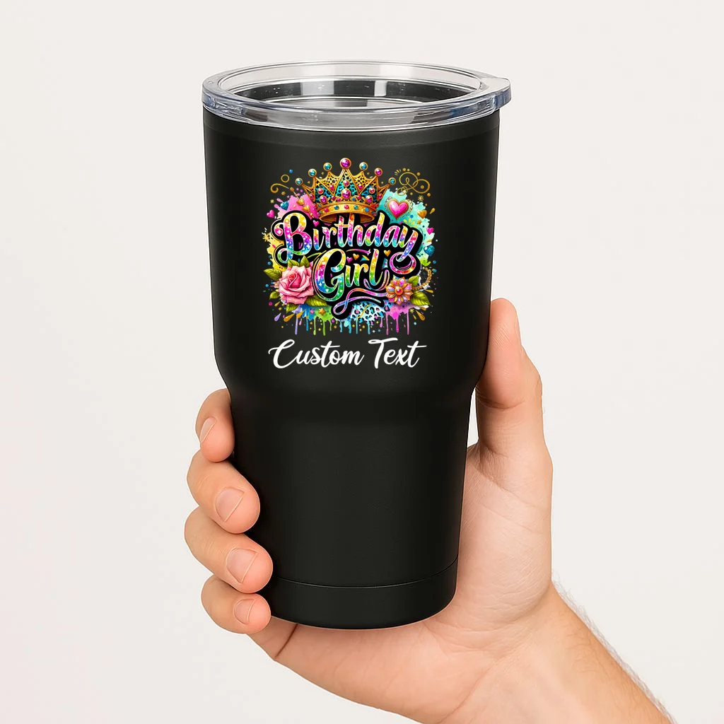 Birthday Girl Crown Heart Splash Custom Text Personalized Birthday 20oz Tumbler - Front 1