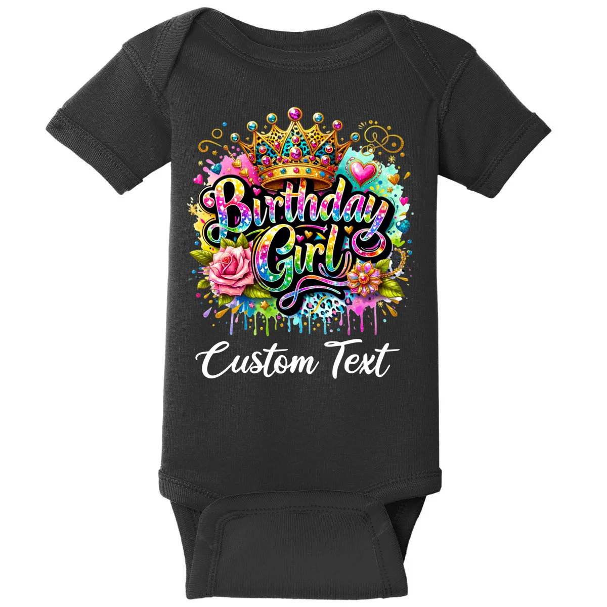 Birthday Girl Crown Heart Splash Custom Text Personalized Birthday Baby Bodysuit - Front