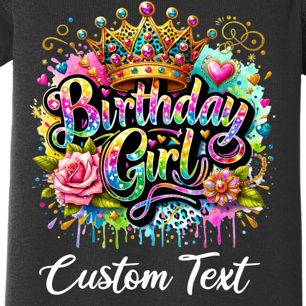 Birthday Girl Crown Heart Splash Custom Text Personalized Birthday Baby Bodysuit - Front - Close-up