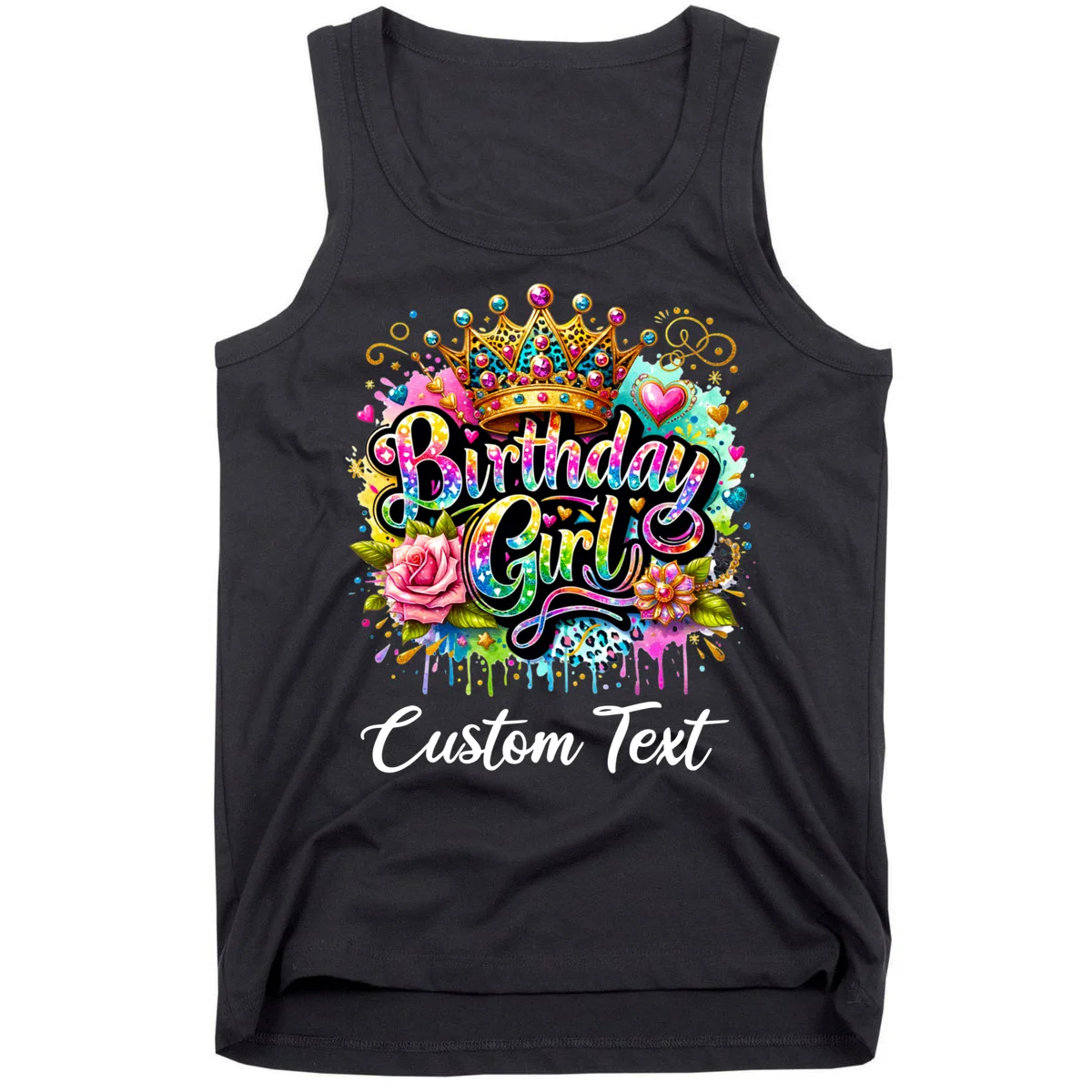 Birthday Girl Crown Heart Splash Custom Text Personalized Birthday Tank Top - Front