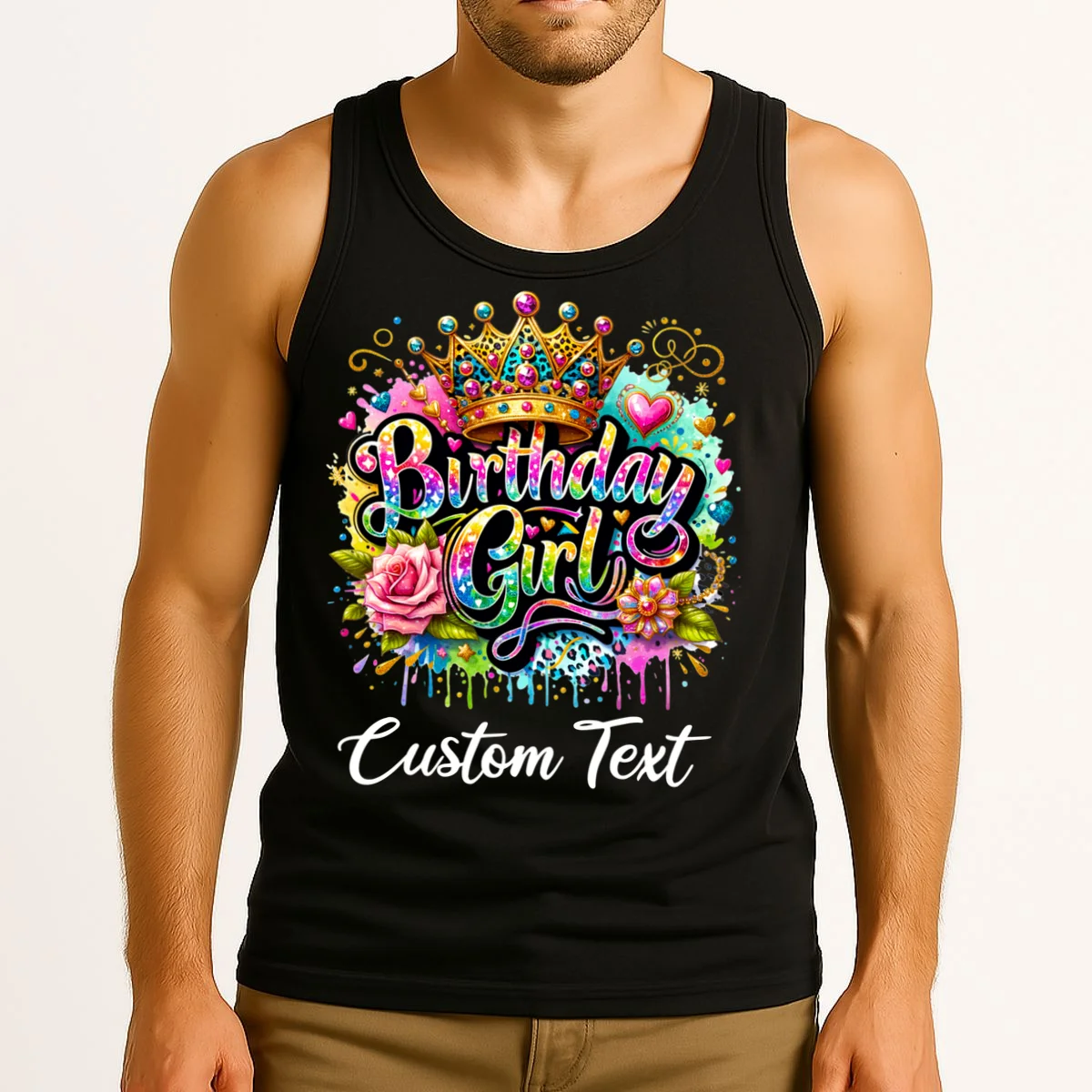 Birthday Girl Crown Heart Splash Custom Text Personalized Birthday Tank Top - Front 2