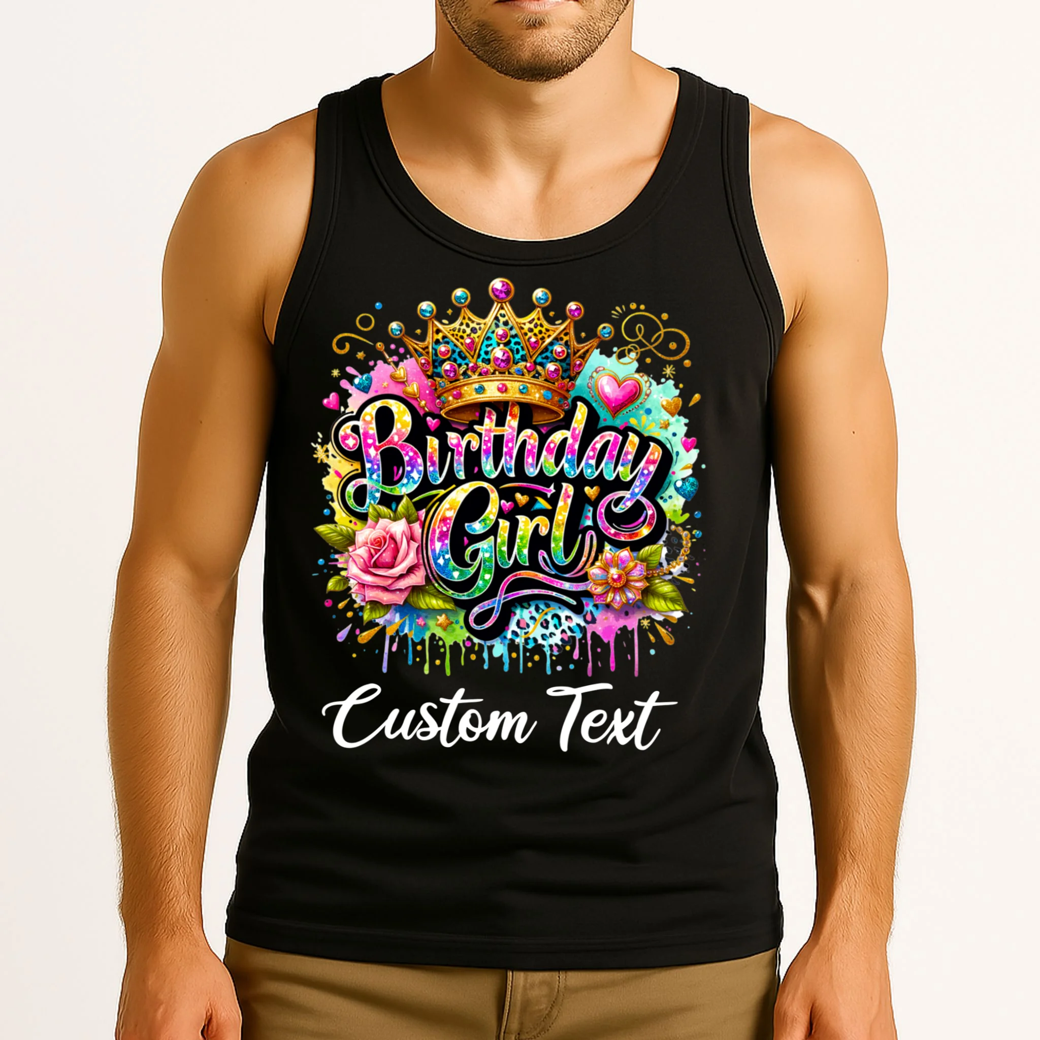 Birthday Girl Crown Heart Splash Custom Text Personalized Birthday Men's Tank Top - Front 2
