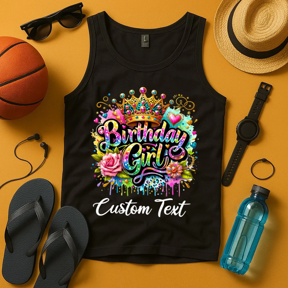 Birthday Girl Crown Heart Splash Custom Text Personalized Birthday Tank Top - Front 3