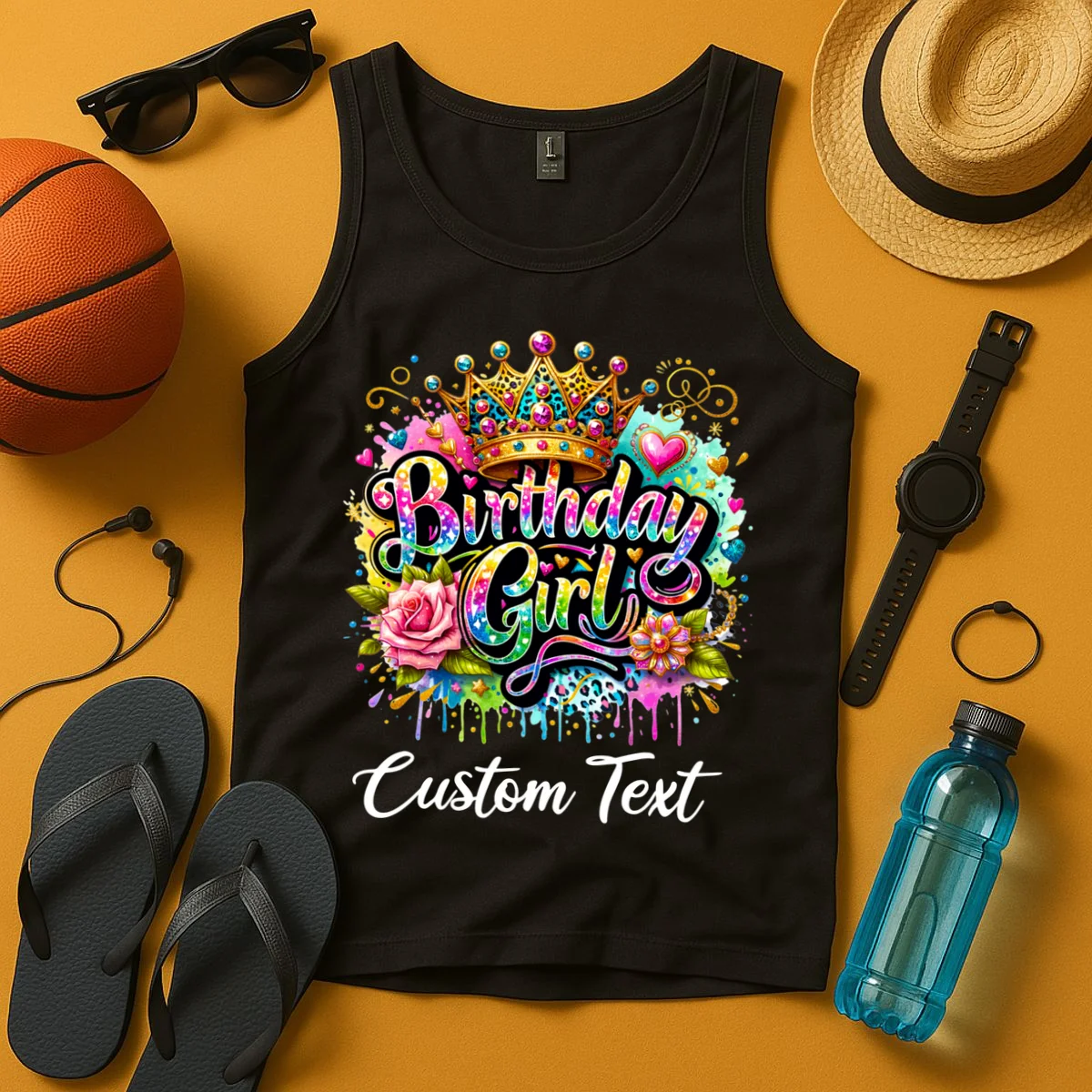 Birthday Girl Crown Heart Splash Custom Text Personalized Birthday Tank Top - Front 3