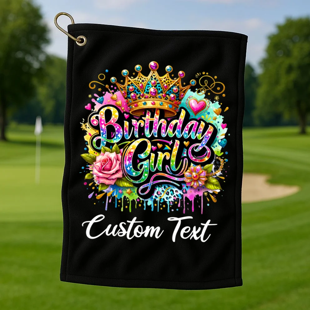 Birthday Girl Crown Heart Splash Custom Text Personalized Birthday Golf Towel - Front 1