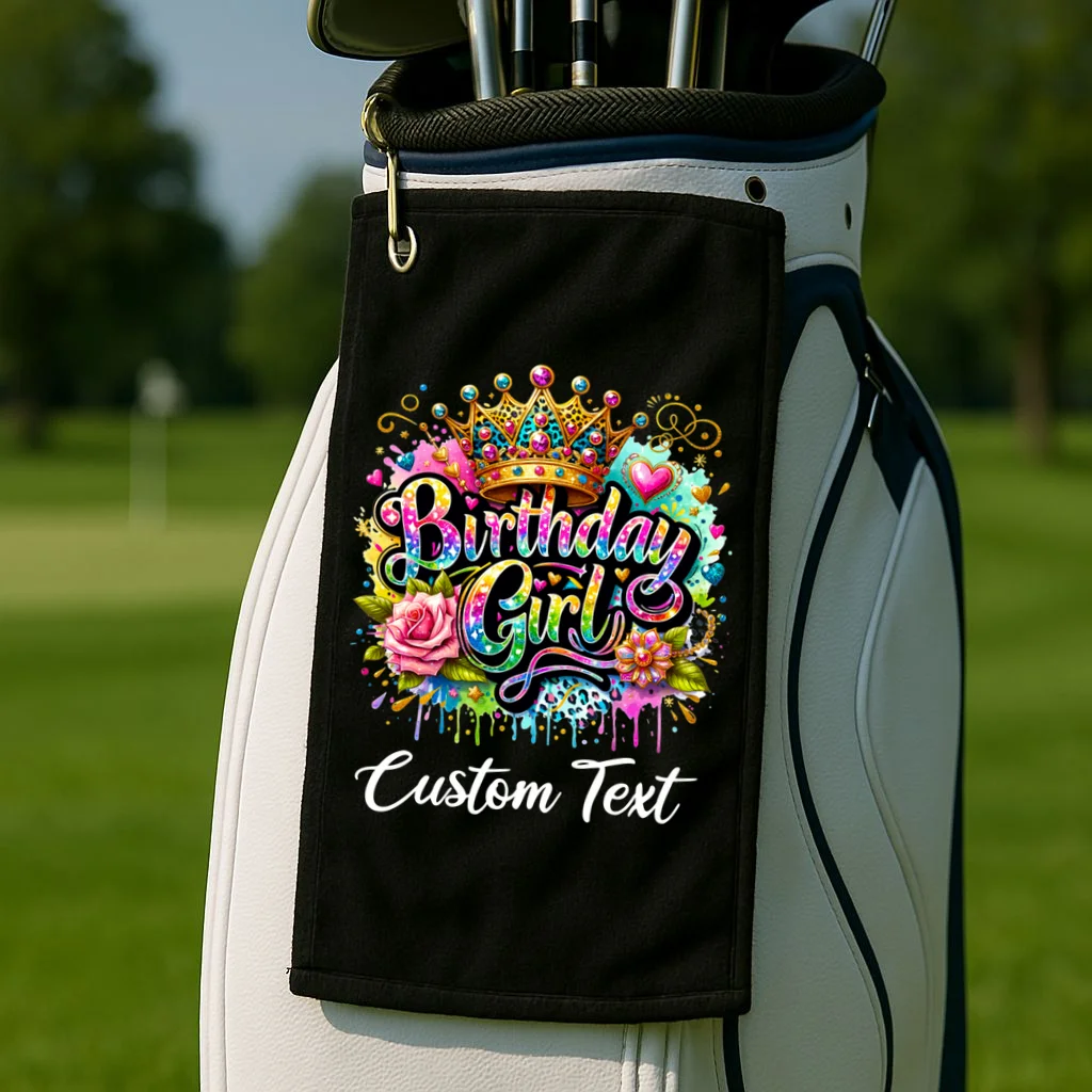 Birthday Girl Crown Heart Splash Custom Text Personalized Birthday Golf Towel - Front 2