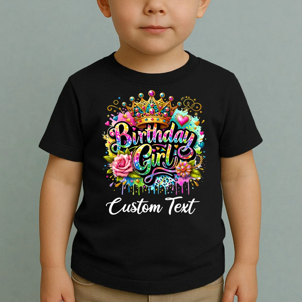 Birthday Girl Crown Heart Splash Custom Text Personalized Birthday Toddler T-Shirt - Front 1