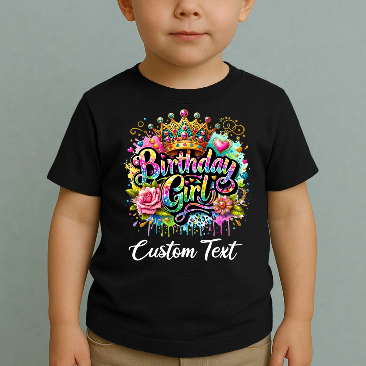Birthday Girl Crown Heart Splash Custom Text Personalized Birthday Toddler T-Shirt - Front 1