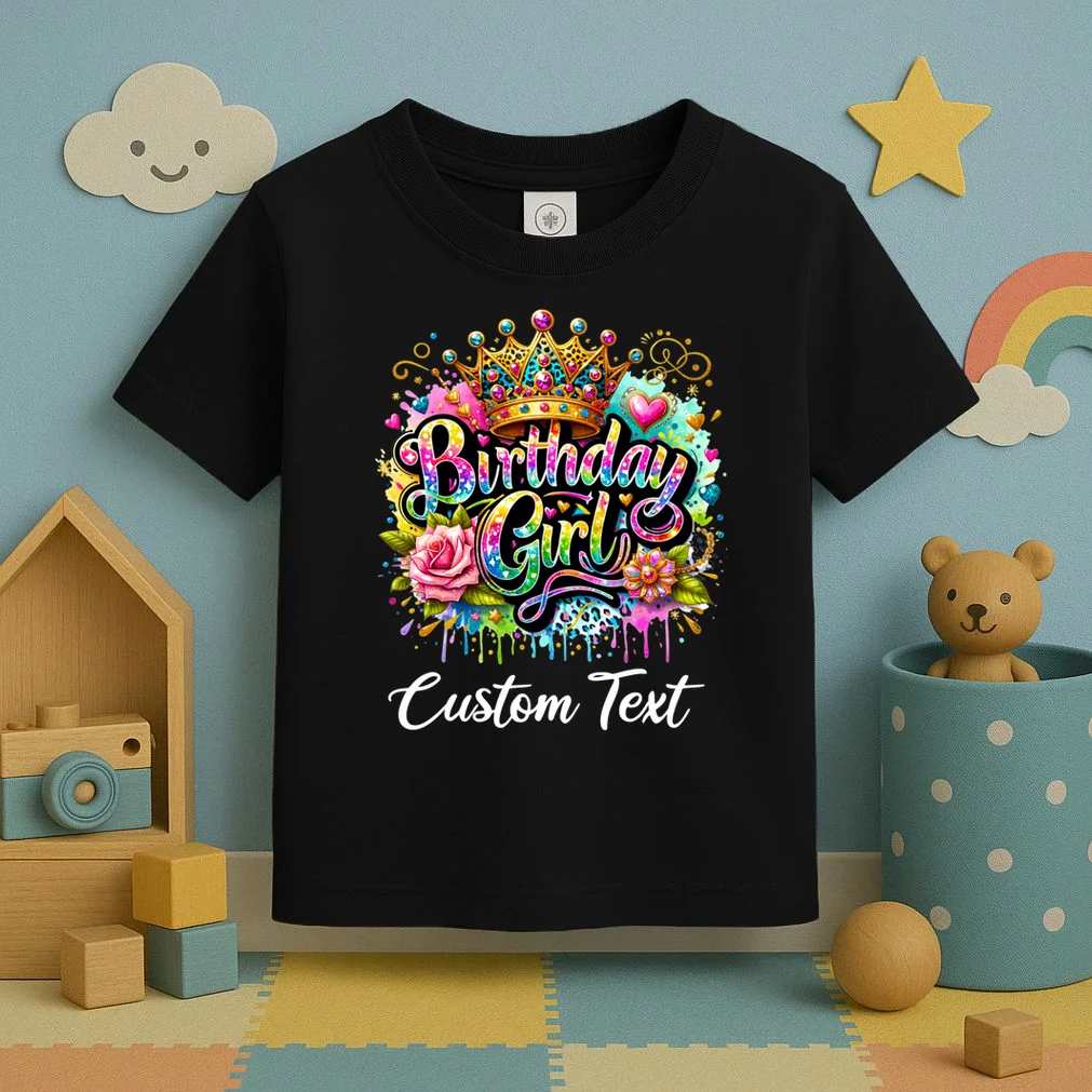 Birthday Girl Crown Heart Splash Custom Text Personalized Birthday Toddler T-Shirt - Front 2