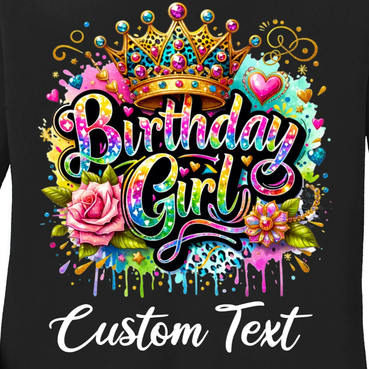 Birthday Girl Crown Heart Splash Custom Text Personalized Birthday Women's Long Sleeve Shirt - Front - Close-up