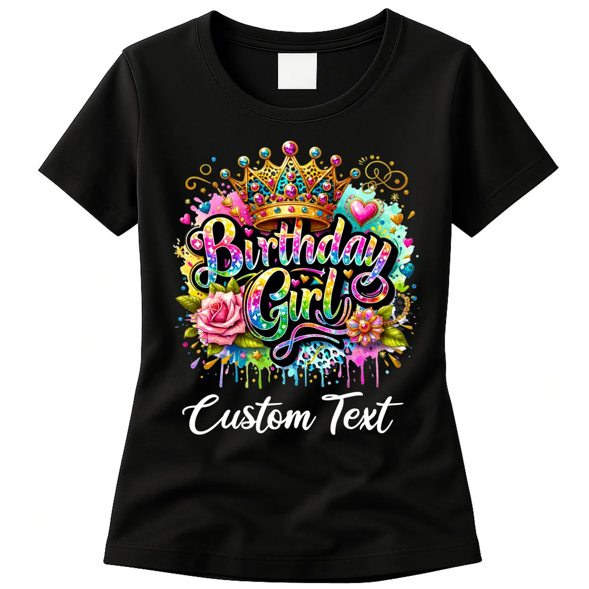 Birthday Girl Crown Heart Splash Custom Text Personalized Birthday Women's T-Shirt - Front