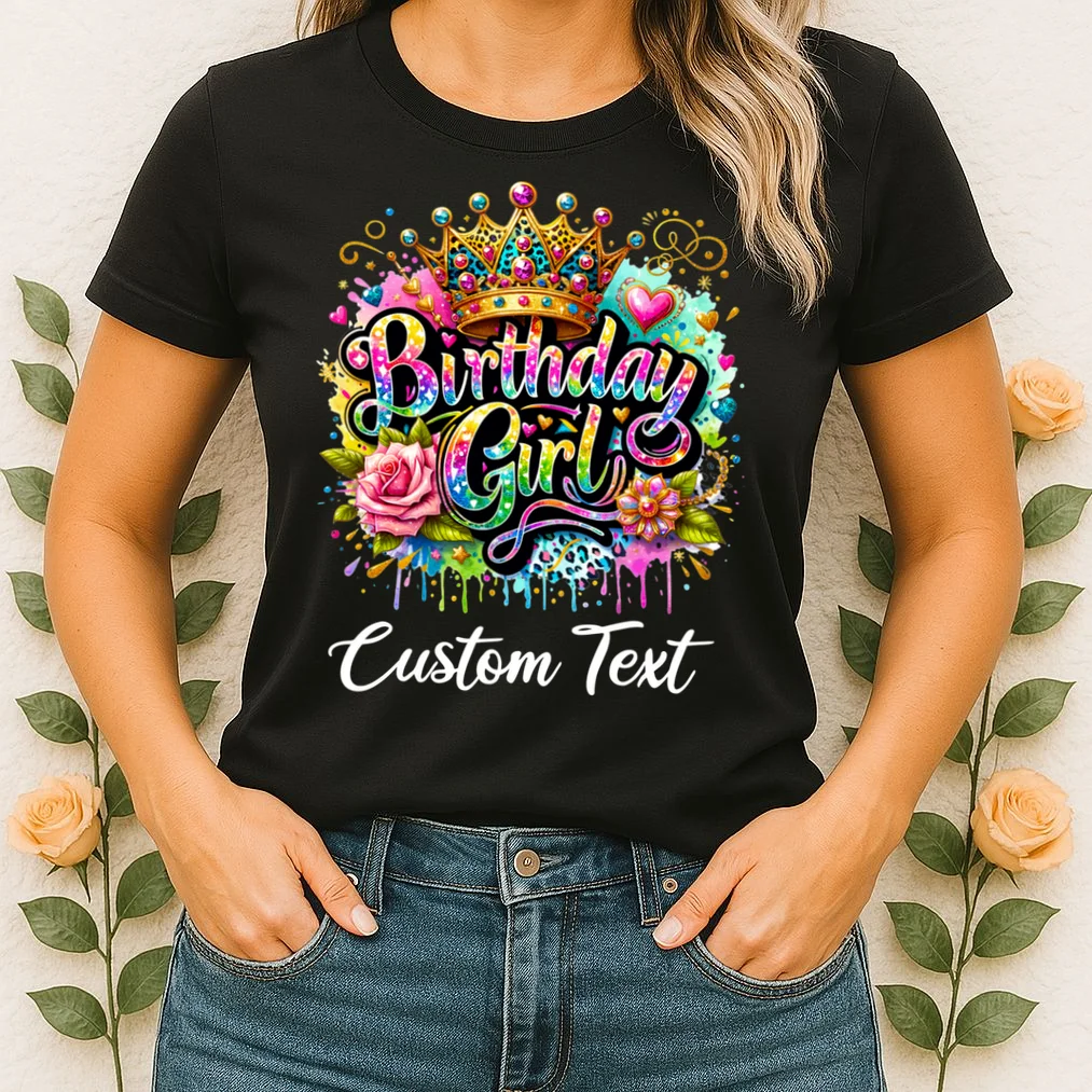 Birthday Girl Crown Heart Splash Custom Text Personalized Birthday Women's T-Shirt - Front 1