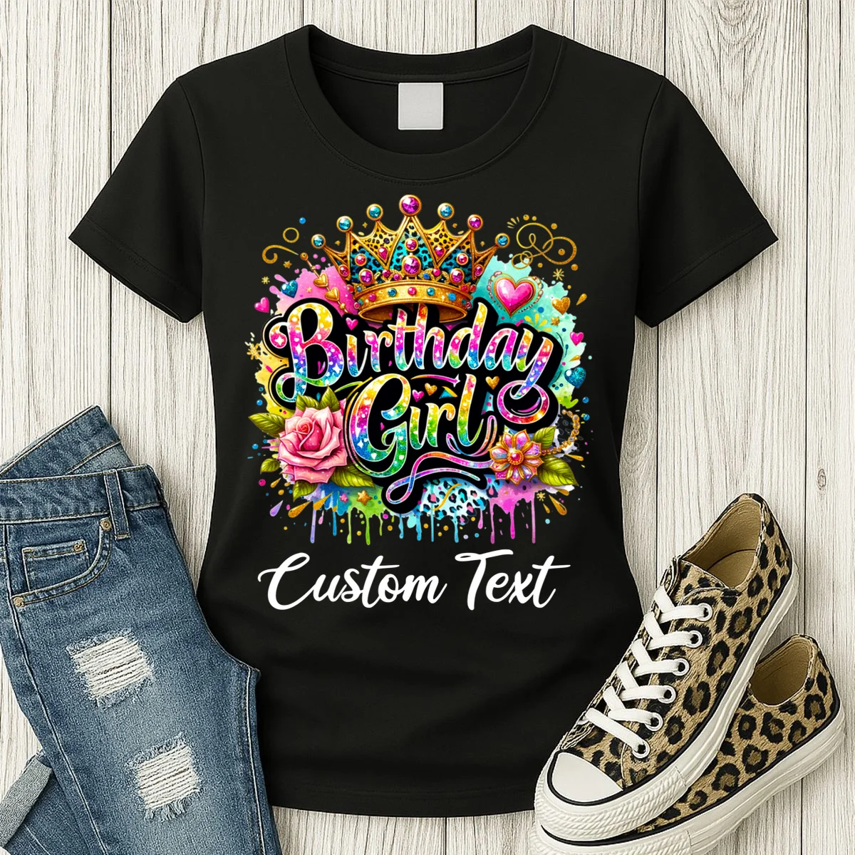 Birthday Girl Crown Heart Splash Custom Text Personalized Birthday Women's T-Shirt - Front 2