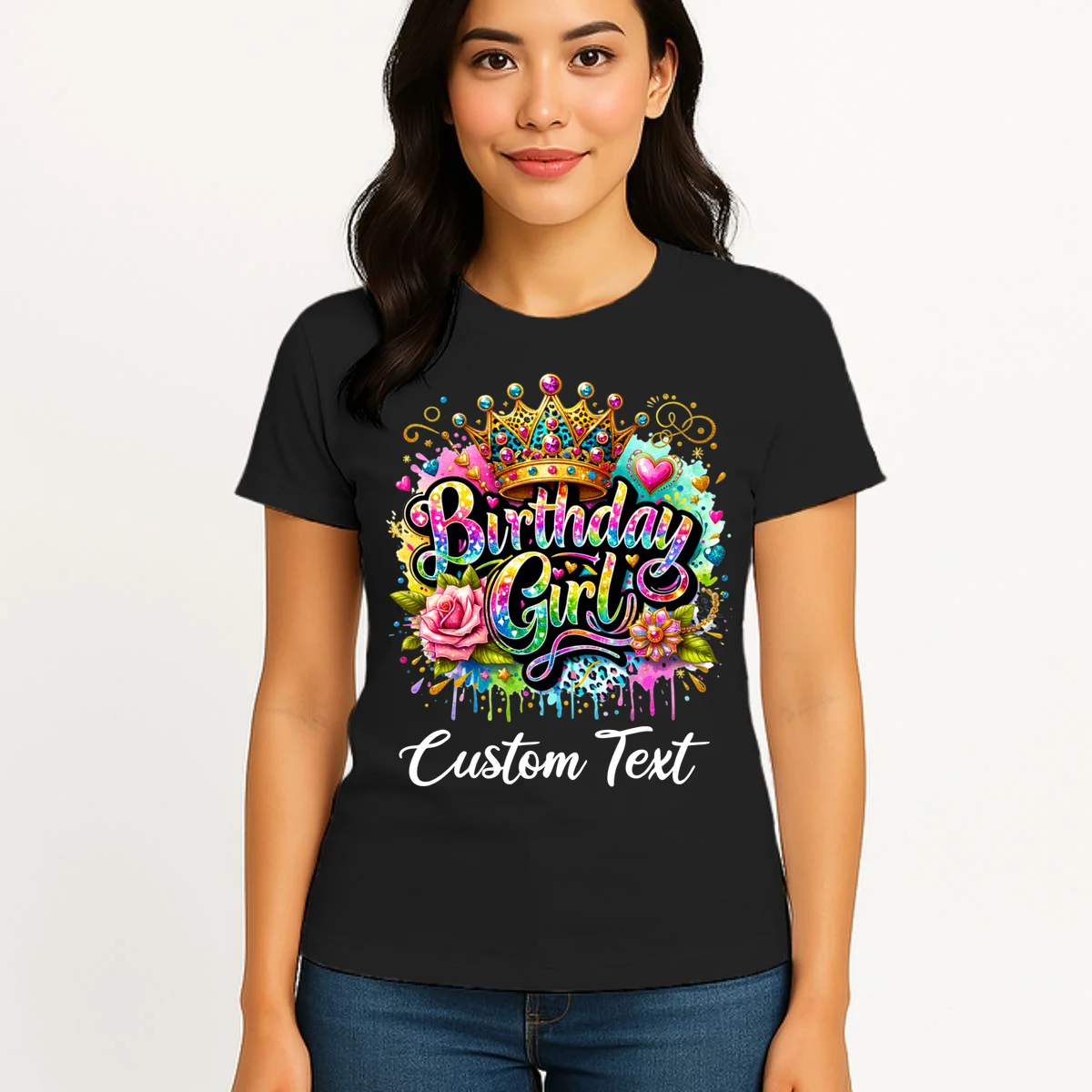 Birthday Girl Crown Heart Splash Custom Text Personalized Birthday Women's T-Shirt - Front 3