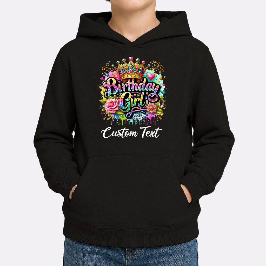 Birthday Girl Crown Heart Splash Custom Text Personalized Birthday Kids Hoodie - Front 1