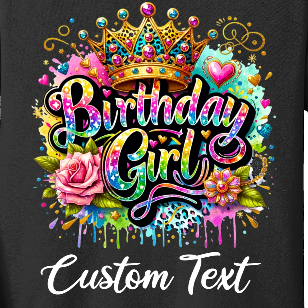 Birthday Girl Crown Heart Splash Custom Text Personalized Birthday Kids Long Sleeve Shirt - Front - Close-up