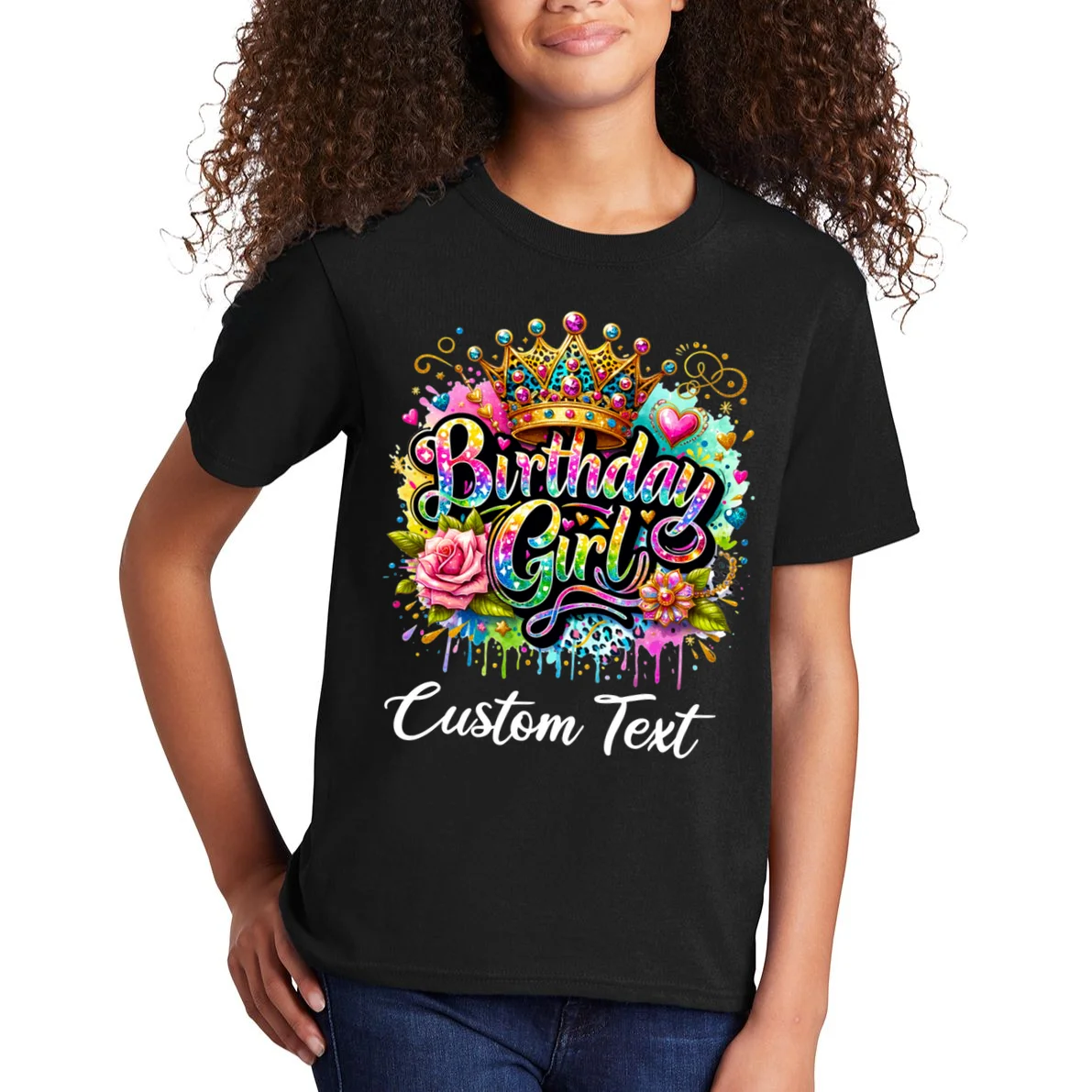Birthday Girl Crown Heart Splash Custom Text Personalized Birthday Kids T-Shirt - Front 1