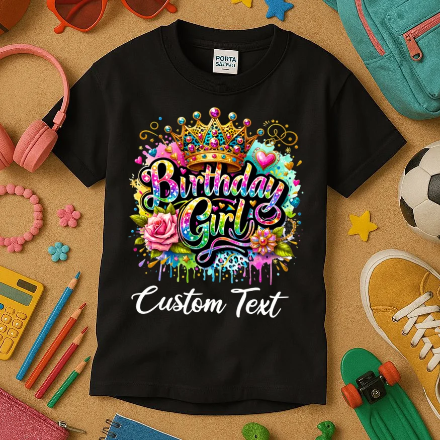 Birthday Girl Crown Heart Splash Custom Text Personalized Birthday Kids T-Shirt - Front 2
