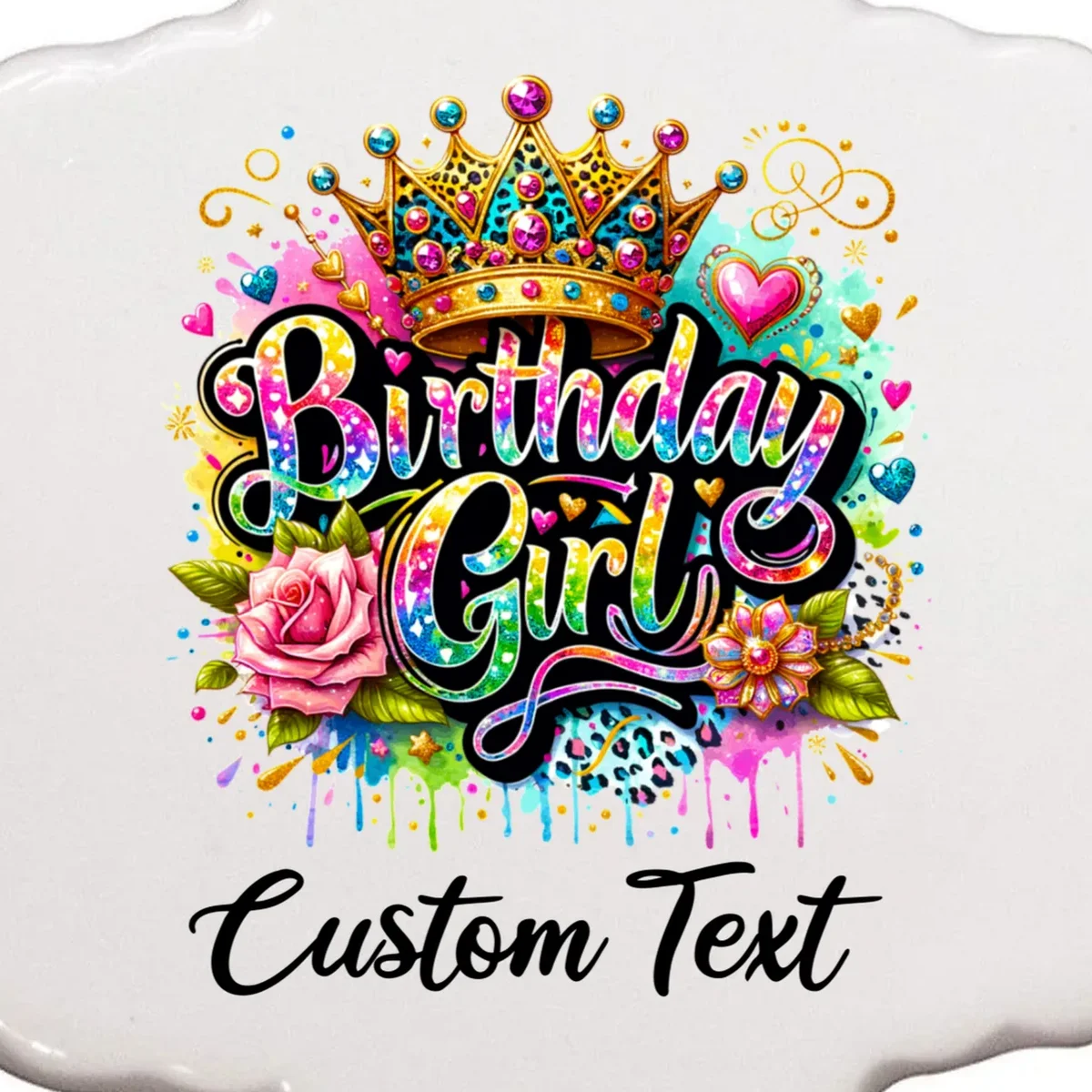 Birthday Girl Crown Heart Splash Custom Text Personalized Birthday Ornament - Front - Close-up