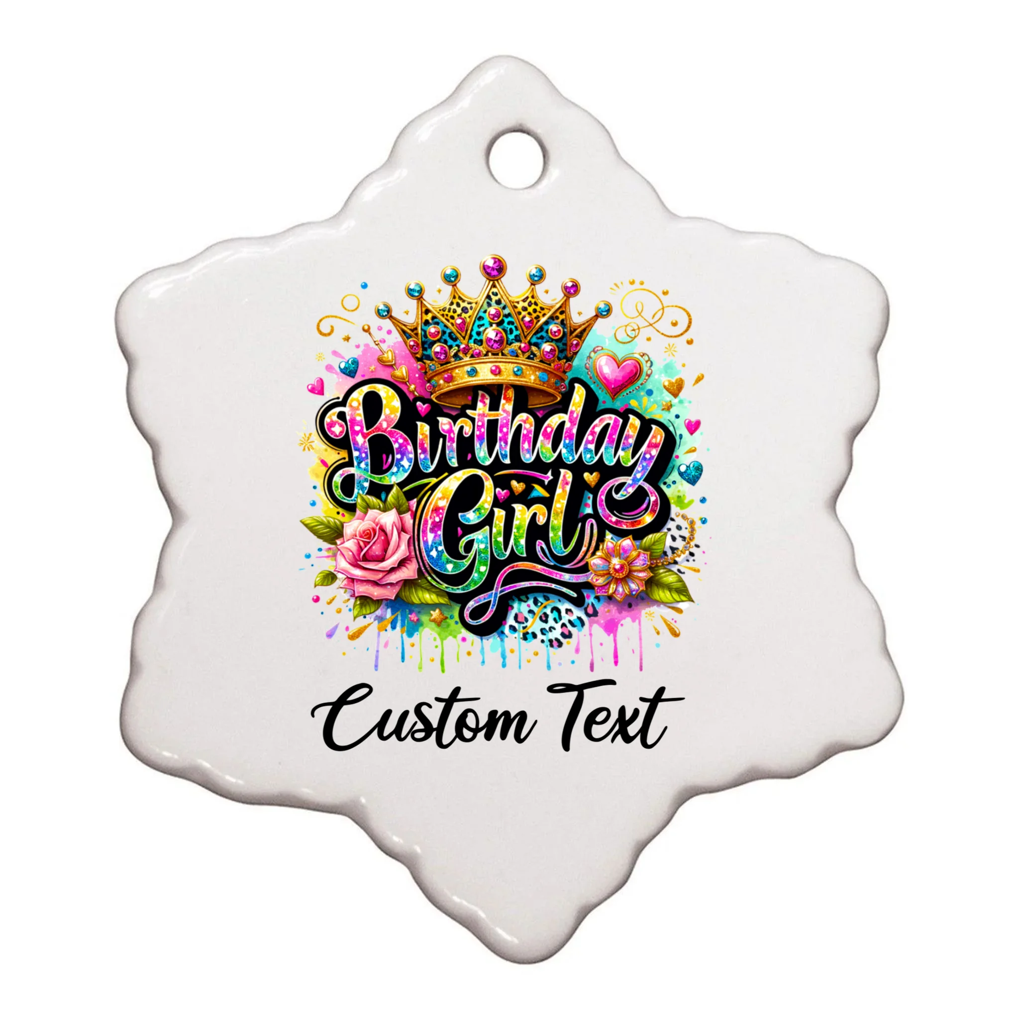 Birthday Girl Crown Heart Splash Custom Text Personalized Birthday Ornament - Front