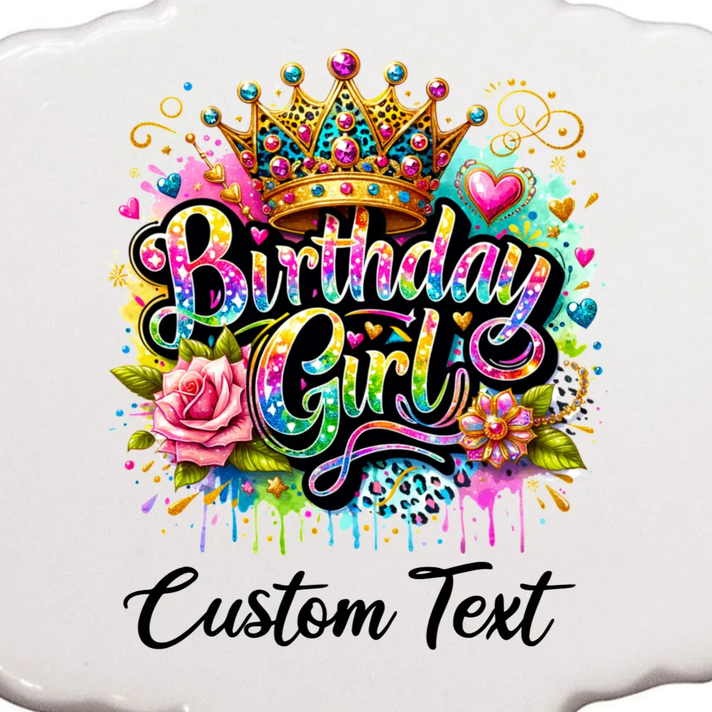 Birthday Girl Crown Heart Splash Custom Text Personalized Birthday Ornament - Front - Close-up