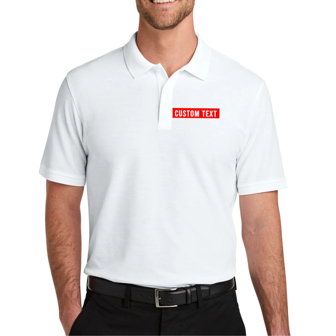 Box Logo Custom Text, Red Box, Personalized Men's Polo - Front 1