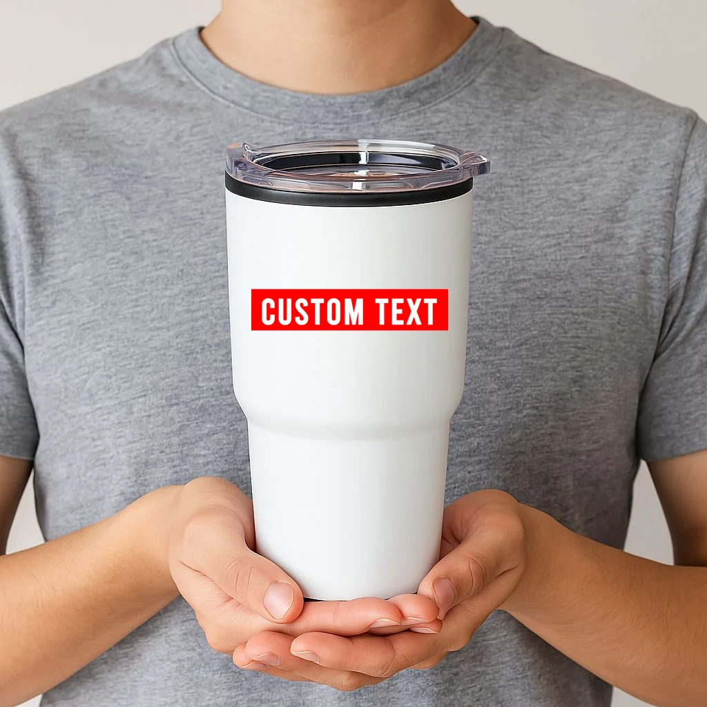 Box Logo Custom Text, Red Box, Personalized 20oz Tumbler - Front 1