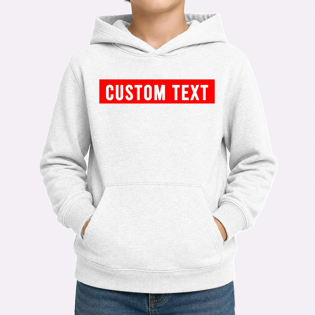 Box Logo Custom Text, Red Box, Personalized Kids Hoodie - Front 1