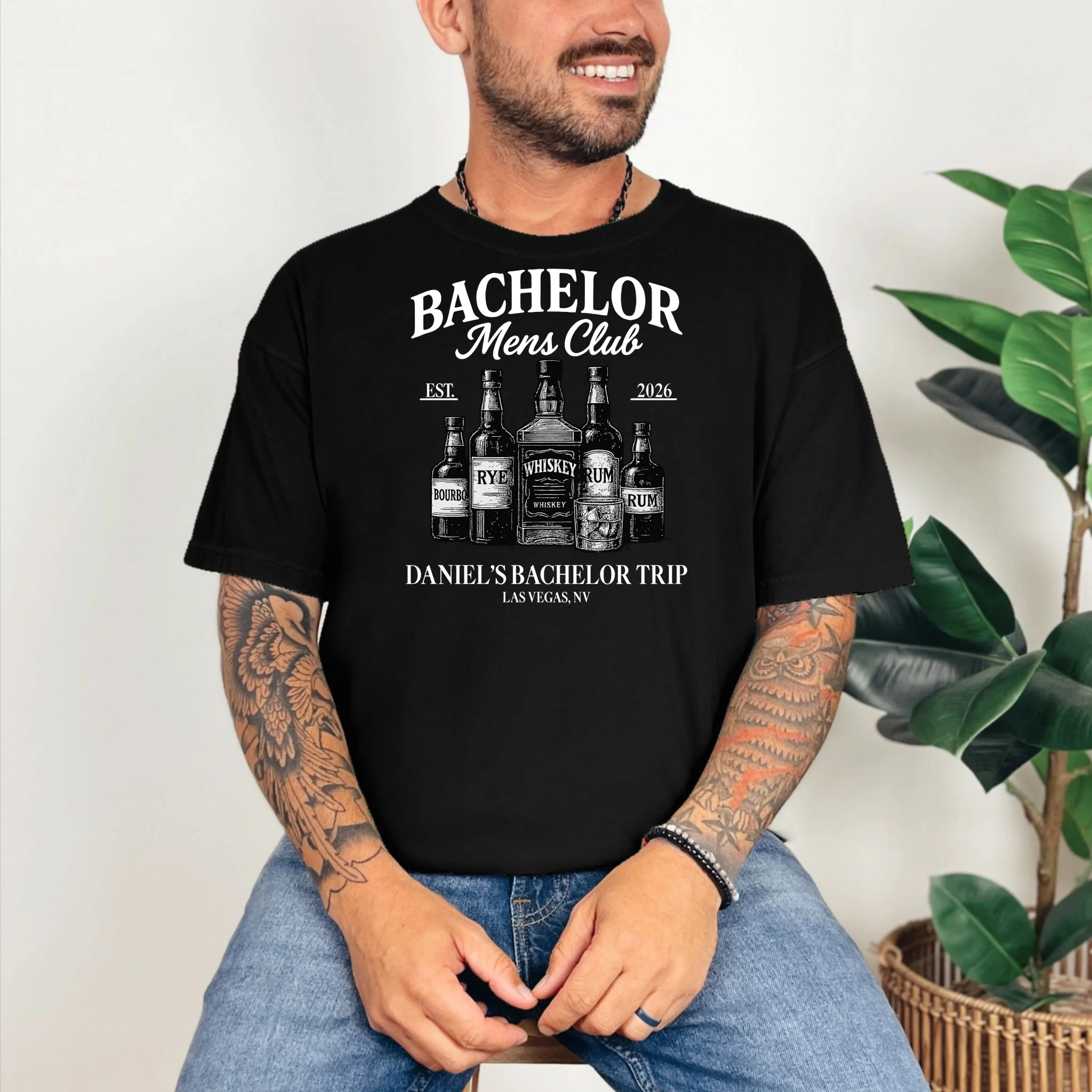 BACHELOR Mens Club Whiskey Rye Bourbon Rum (Customizable) T-Shirt - Front 2