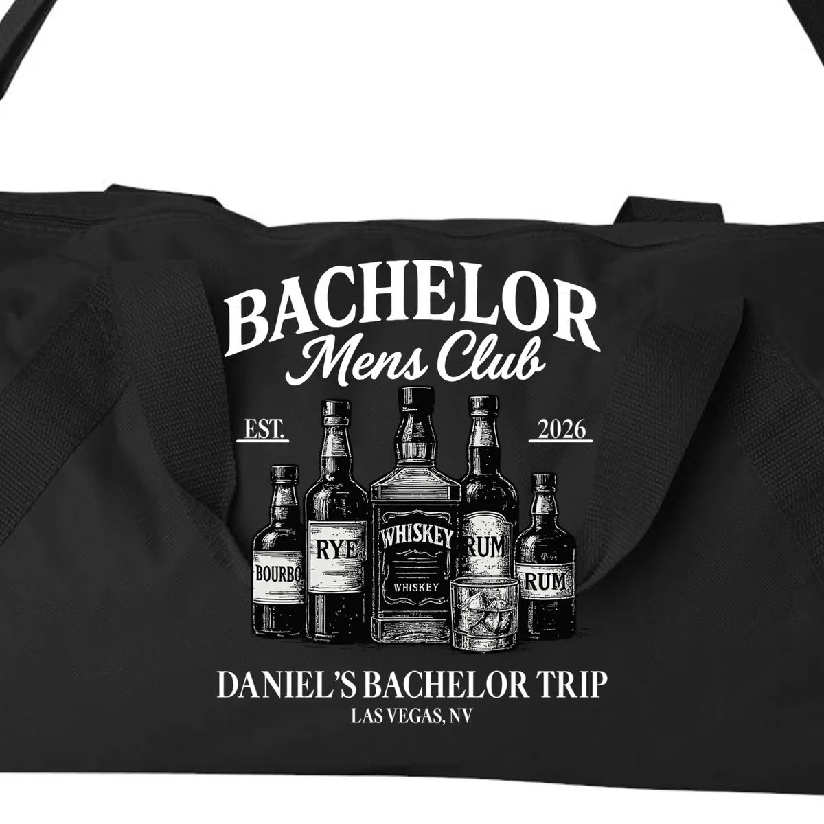 BACHELOR Mens Club Whiskey Rye Bourbon Rum (Customizable) Duffel Bag - Front - Close-up