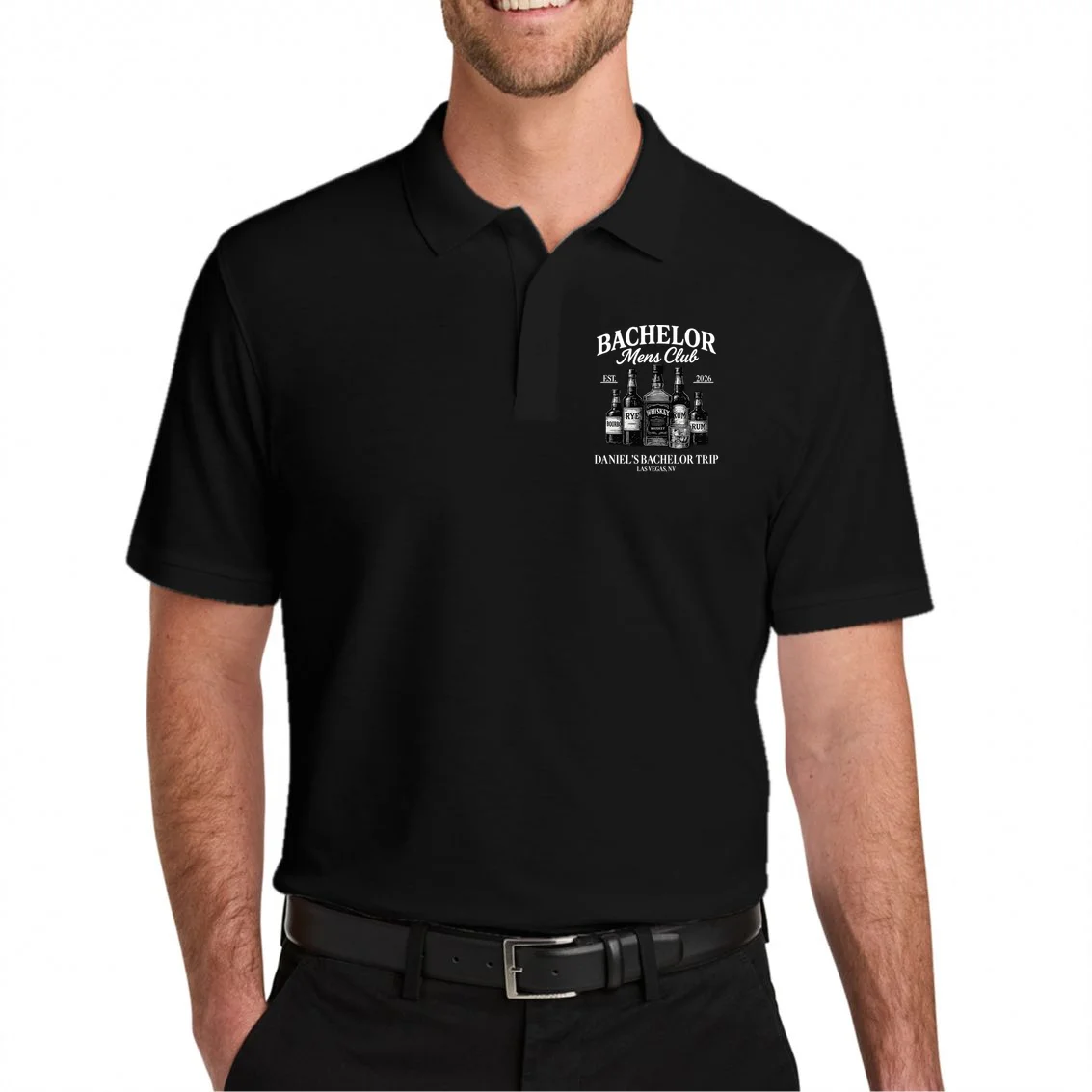 BACHELOR Mens Club Whiskey Rye Bourbon Rum (Customizable) Men's Polo - Front 1