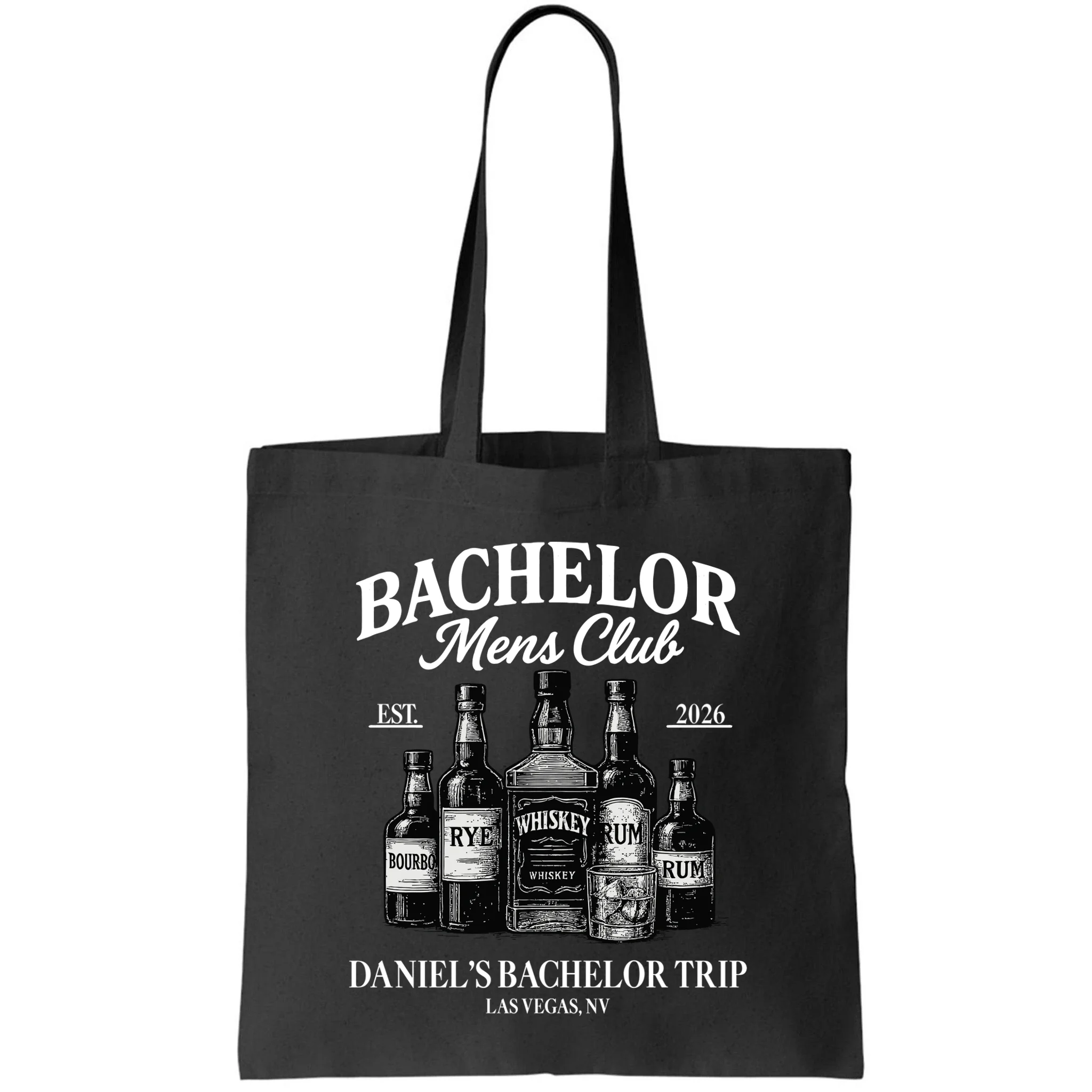 BACHELOR Mens Club Whiskey Rye Bourbon Rum (Customizable) Tote Bag - Front