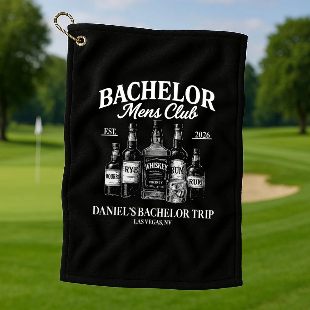 BACHELOR Mens Club Whiskey Rye Bourbon Rum (Customizable) Golf Towel - Front 1
