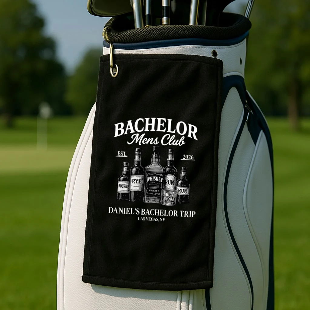 BACHELOR Mens Club Whiskey Rye Bourbon Rum (Customizable) Golf Towel - Front 2