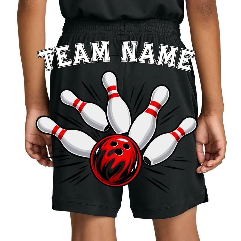 Bowling Team Name Personalized Custom Gift -  Bowling Pins & Ball Matching Design Kids Shorts - Back 1