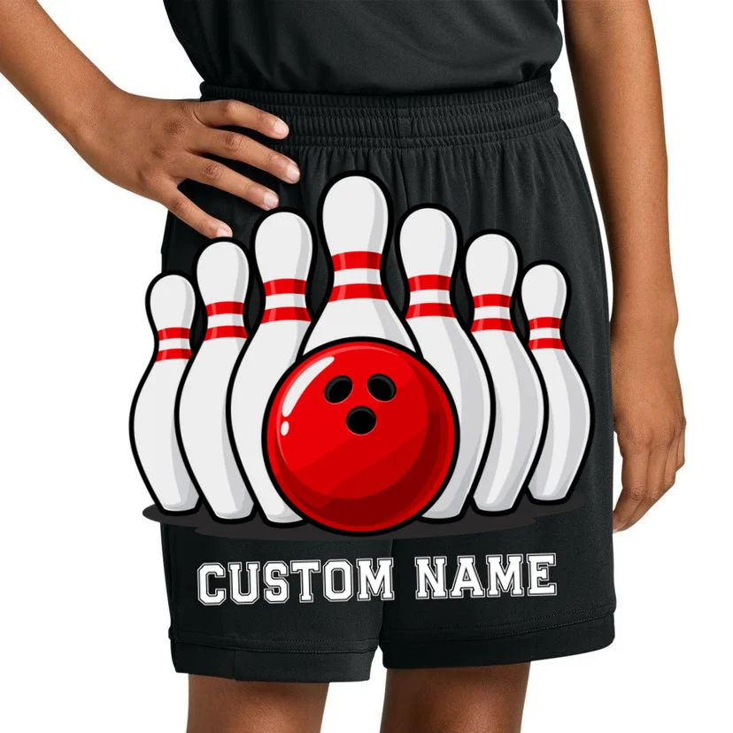 Bowling Team Name Personalized Custom Gift -  Bowling Pins & Ball Matching Design Kids Shorts - Front 1