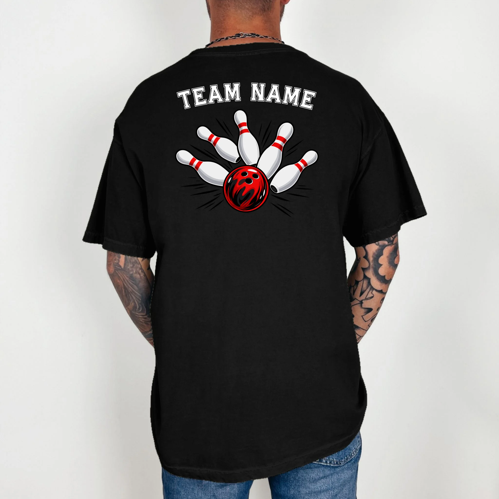 Bowling Team Name Personalized Custom Gift -  Bowling Pins & Ball Matching Design Comfort Colors Unisex T-Shirt - Back 2