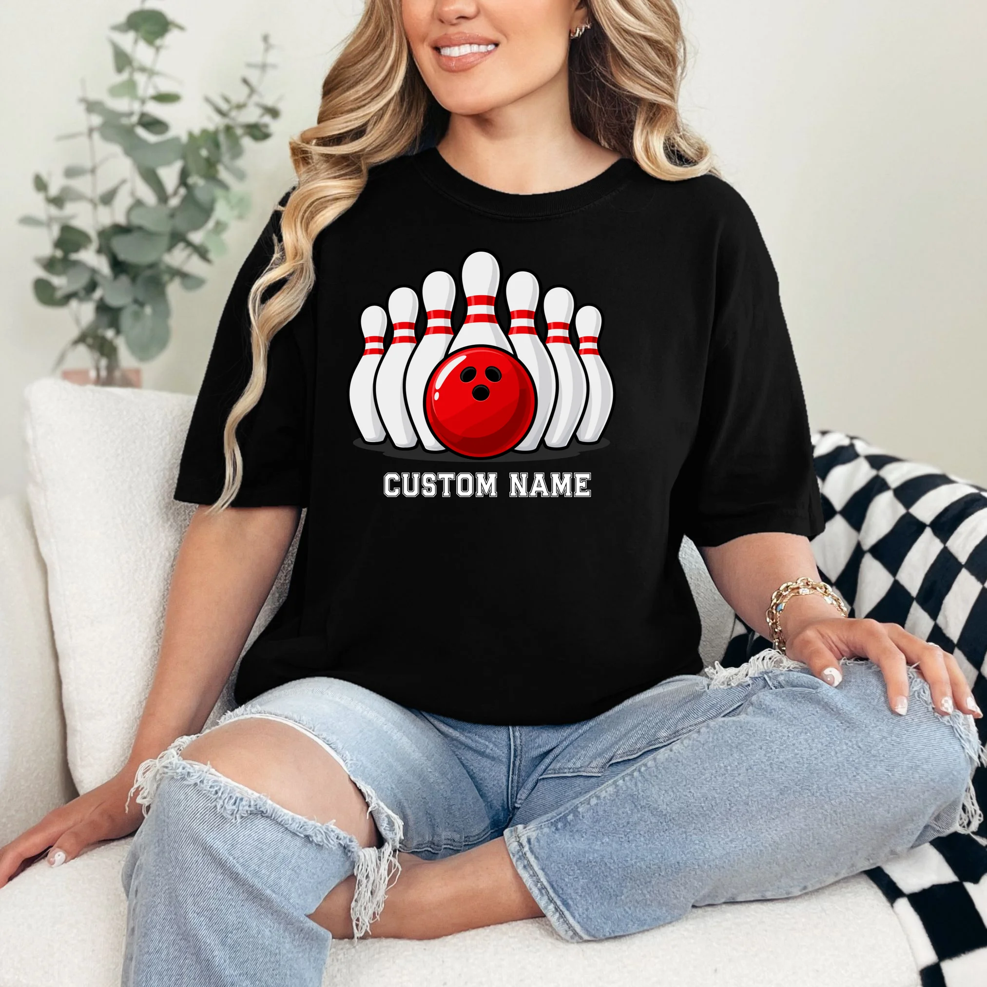 Bowling Team Name Personalized Custom Gift -  Bowling Pins & Ball Matching Design Comfort Colors Unisex T-Shirt - Front 1