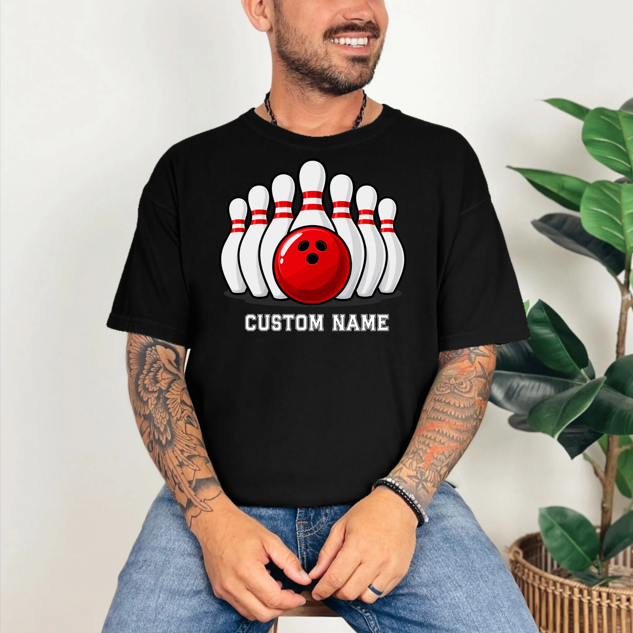 Bowling Team Name Personalized Custom Gift -  Bowling Pins & Ball Matching Design Comfort Colors Unisex T-Shirt - Front 2