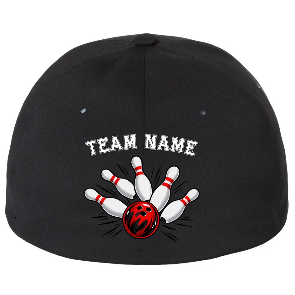 Bowling Team Name Personalized Custom Gift -  Bowling Pins & Ball Matching Design Flexfit Men's Snapback Hat - Back - Close-up