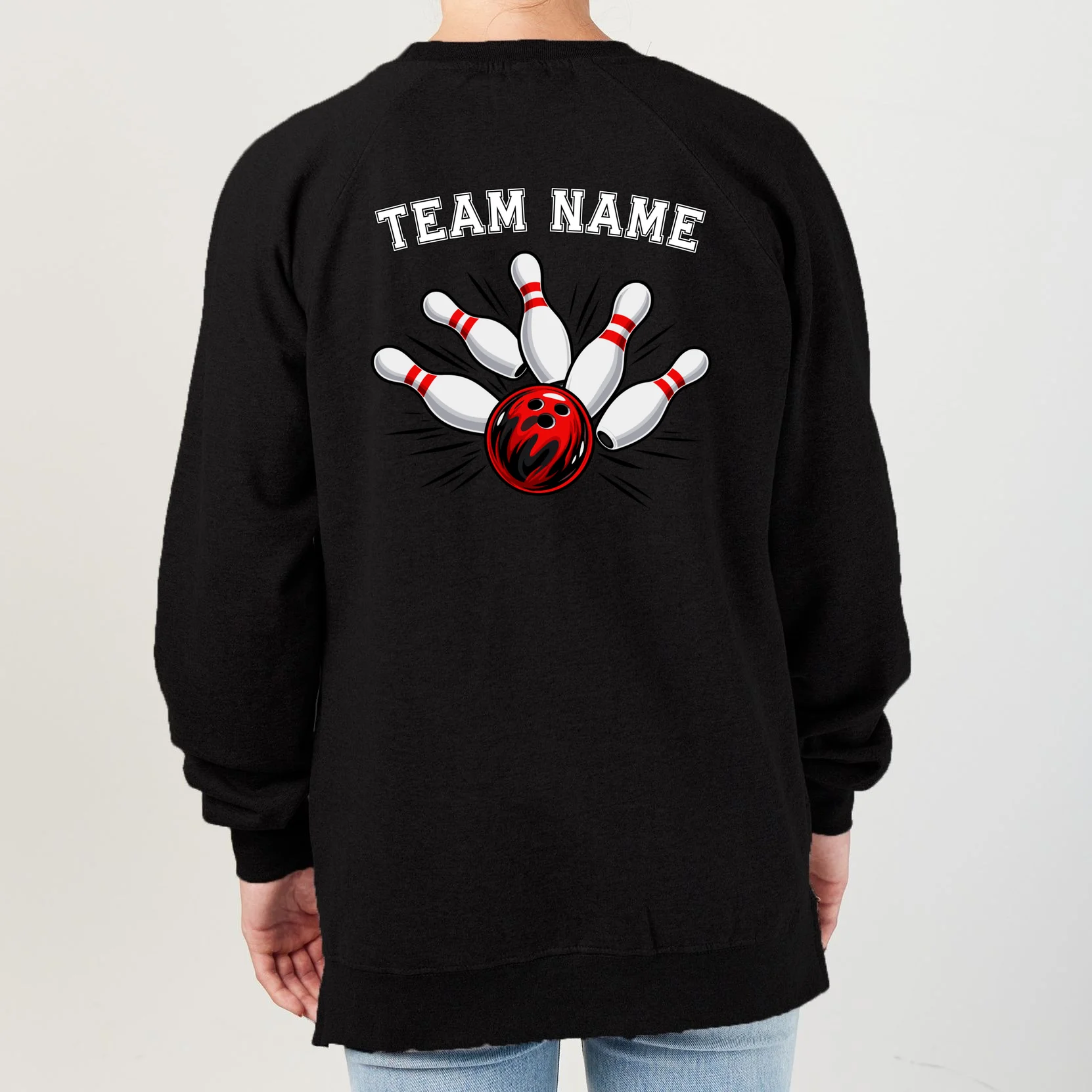 Bowling Team Name Personalized Custom Gift -  Bowling Pins & Ball Matching Design Women's Sweatshirt - Back - Close-up