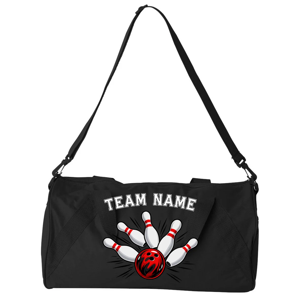 Bowling Team Name Personalized Custom Gift -  Bowling Pins & Ball Matching Design Duffel Bag - Back - Close-up