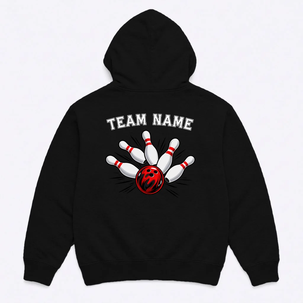 Bowling Team Name Personalized Custom Gift -  Bowling Pins & Ball Matching Design Men's Hoodie - Back