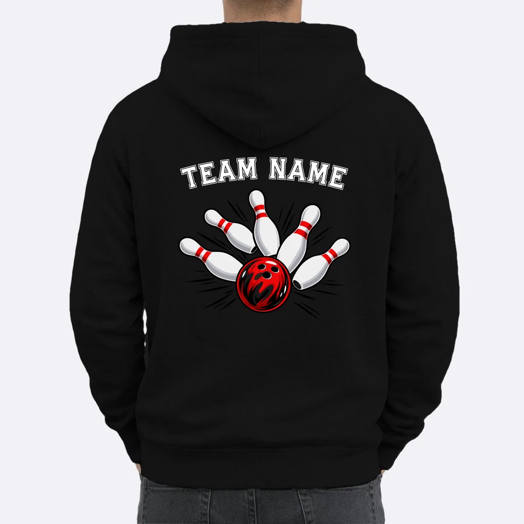 Bowling Team Name Personalized Custom Gift -  Bowling Pins & Ball Matching Design Men's Hoodie - Back 1