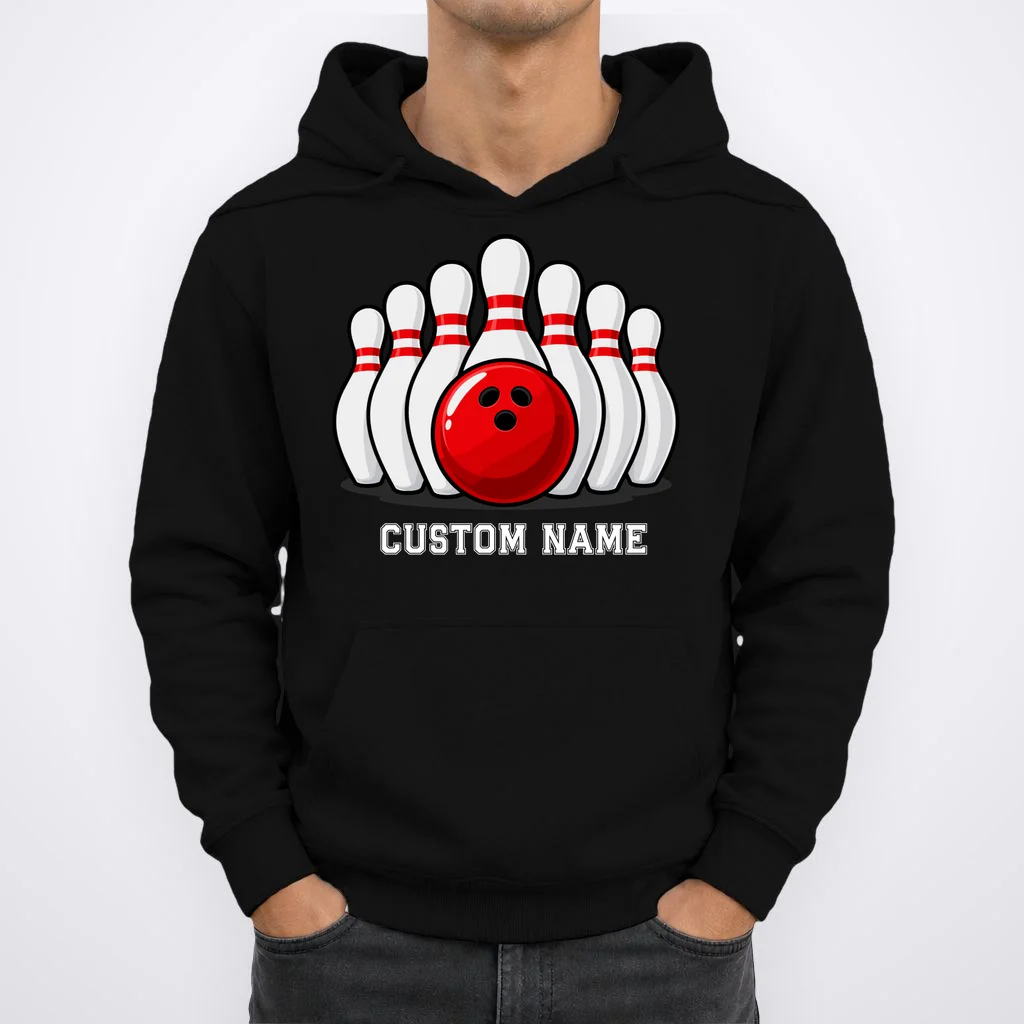 Bowling Team Name Personalized Custom Gift -  Bowling Pins & Ball Matching Design Men's Hoodie - Front 1