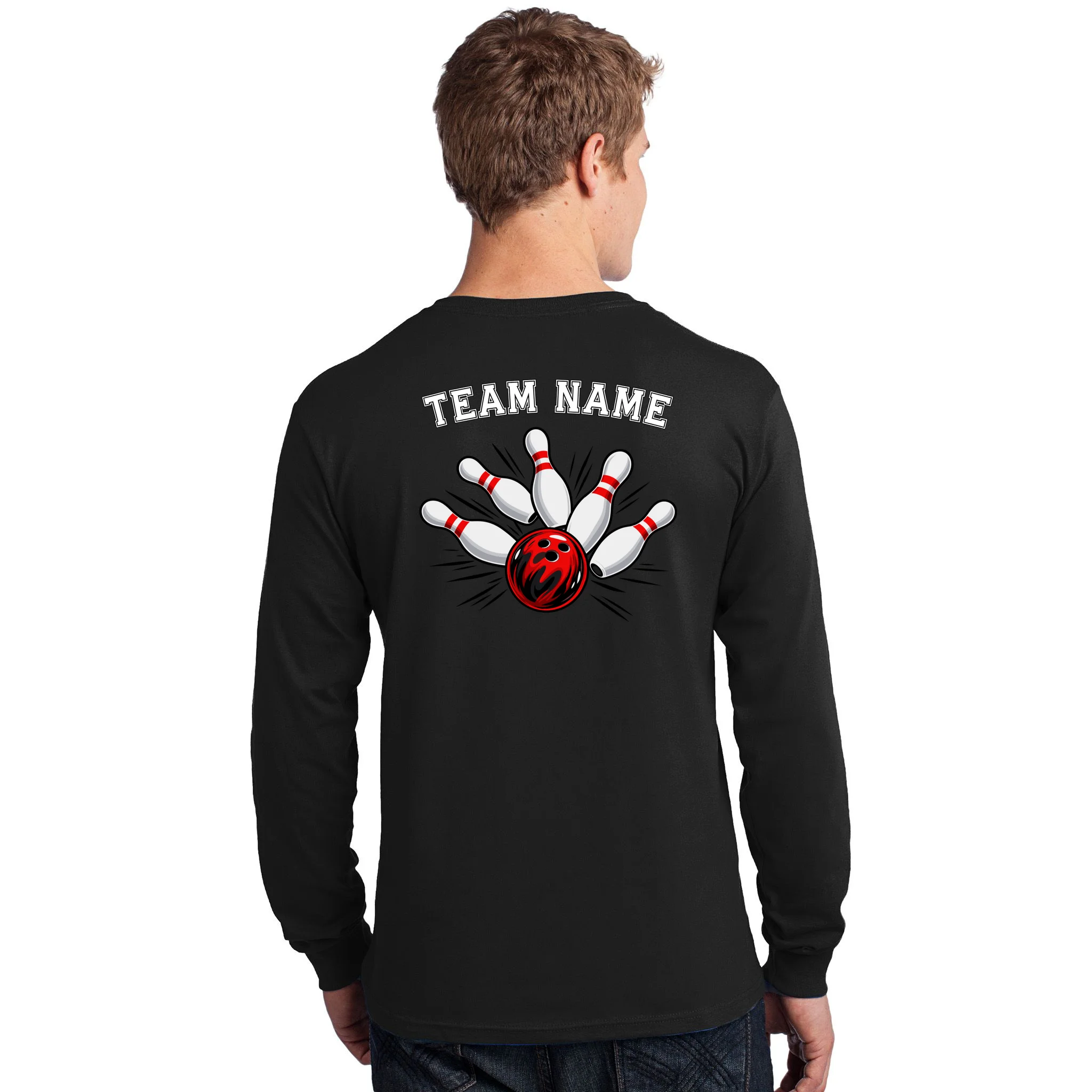 Bowling Team Name Personalized Custom Gift -  Bowling Pins & Ball Matching Design Men's Long Sleeve Shirt - Back - Close-up
