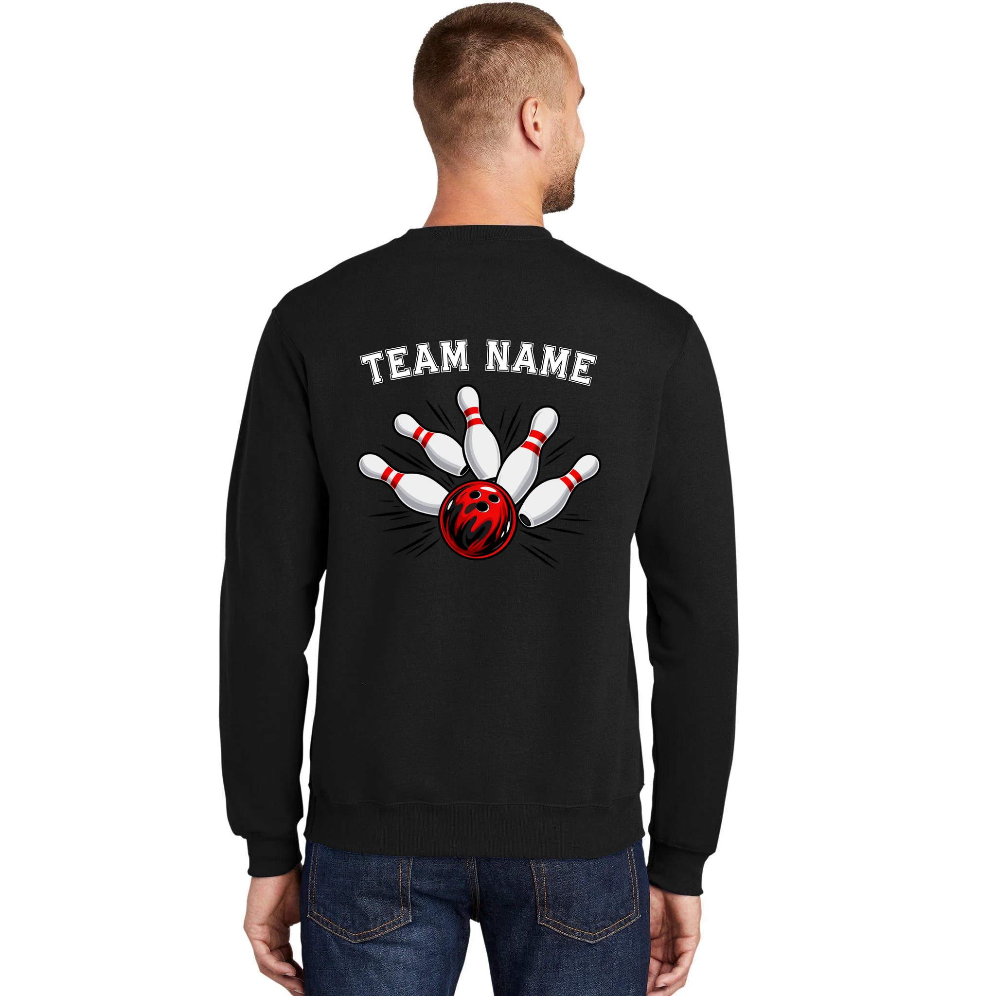 Bowling Team Name Personalized Custom Gift -  Bowling Pins & Ball Matching Design Men's Sweatshirt - Back