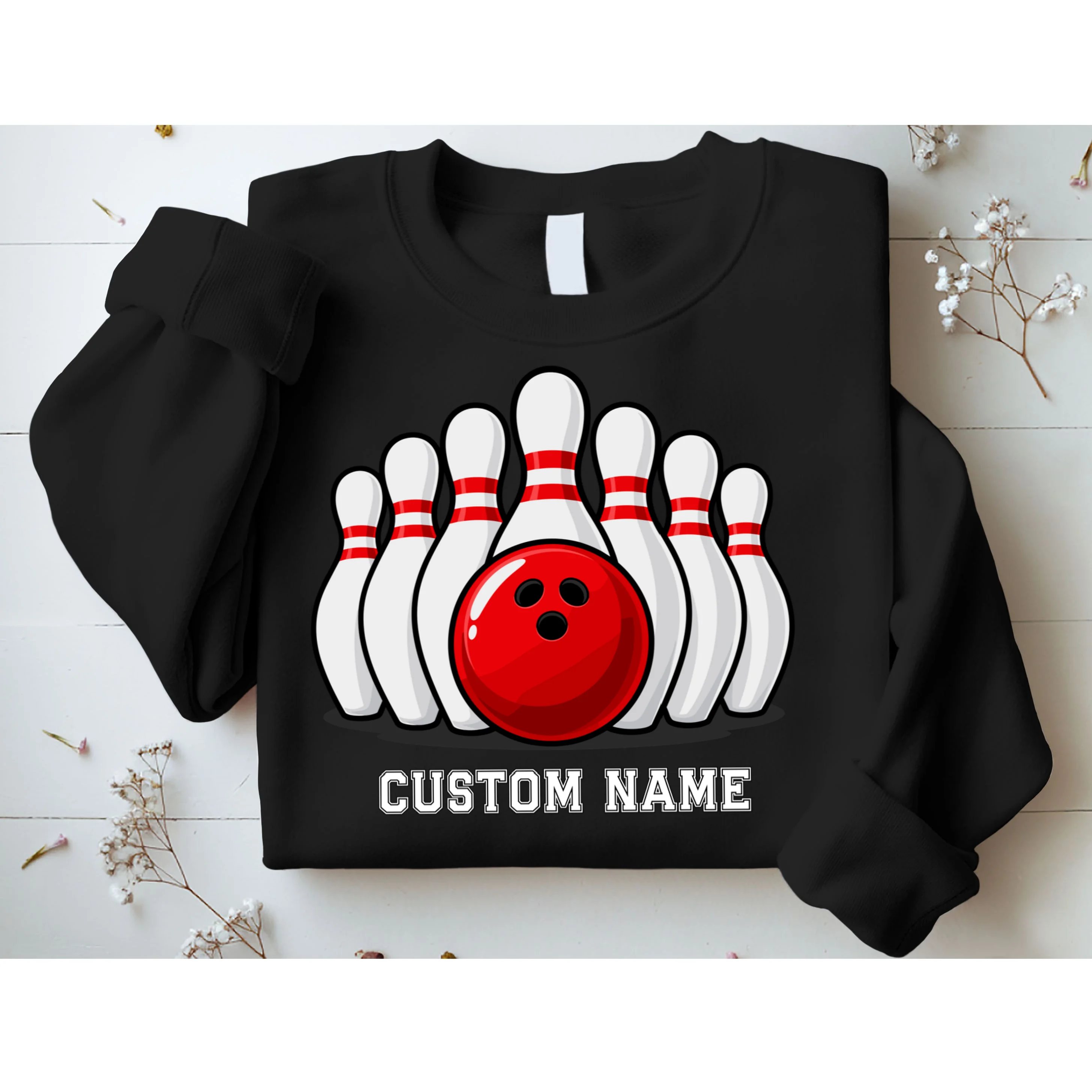 Bowling Team Name Personalized Custom Gift -  Bowling Pins & Ball Matching Design Men's Sweatshirt - Front 1